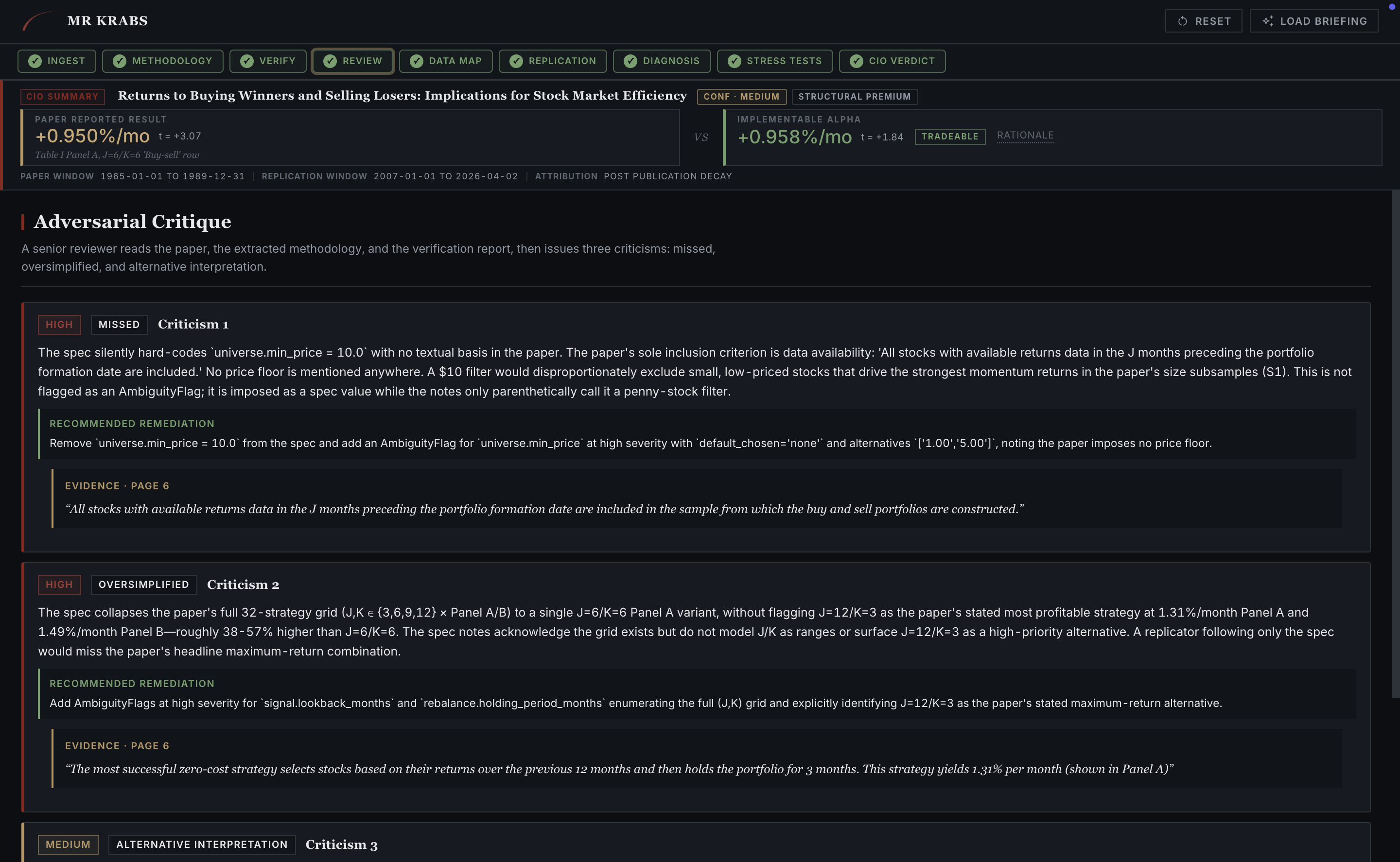 Review tab. A3 adversarial critique with three criticisms