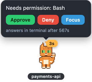 The pet showing Approve, Deny and Focus buttons