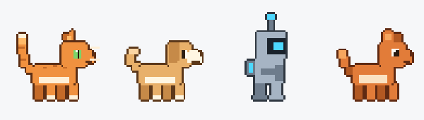 A cat, a dog, a robot and a fox, all walking