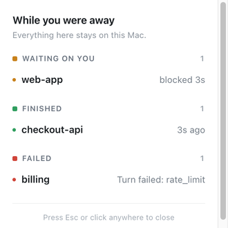 A panel listing what happened while you were away