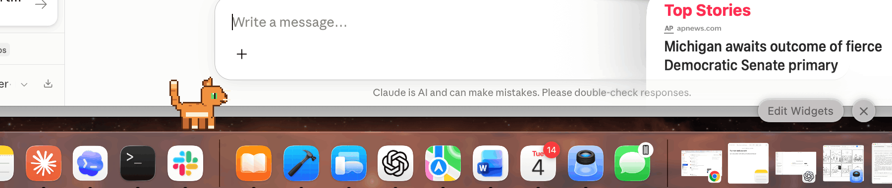 A pixel cat walking along the macOS Dock