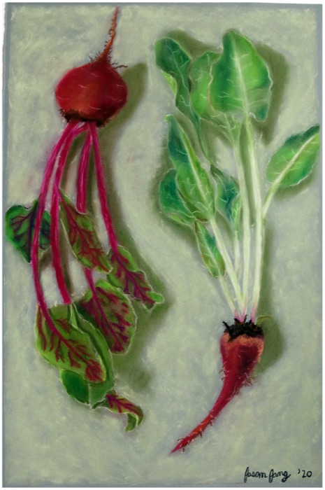 Roots of Love — colored pencil drawing of beets with tangled roots