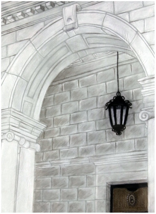 Brooks Entrance — graphite and charcoal drawing of a stone archway