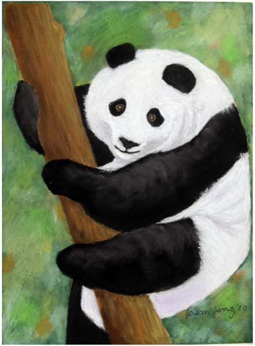 Detatched — oil pastel of a panda in black and white