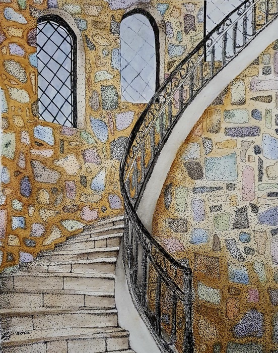 Climbing Through Adolescence — ink and watercolor of a curving stone staircase