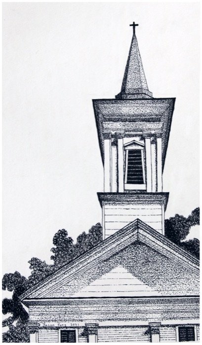 Steeple of Faith — pen and ink drawing of a church steeple